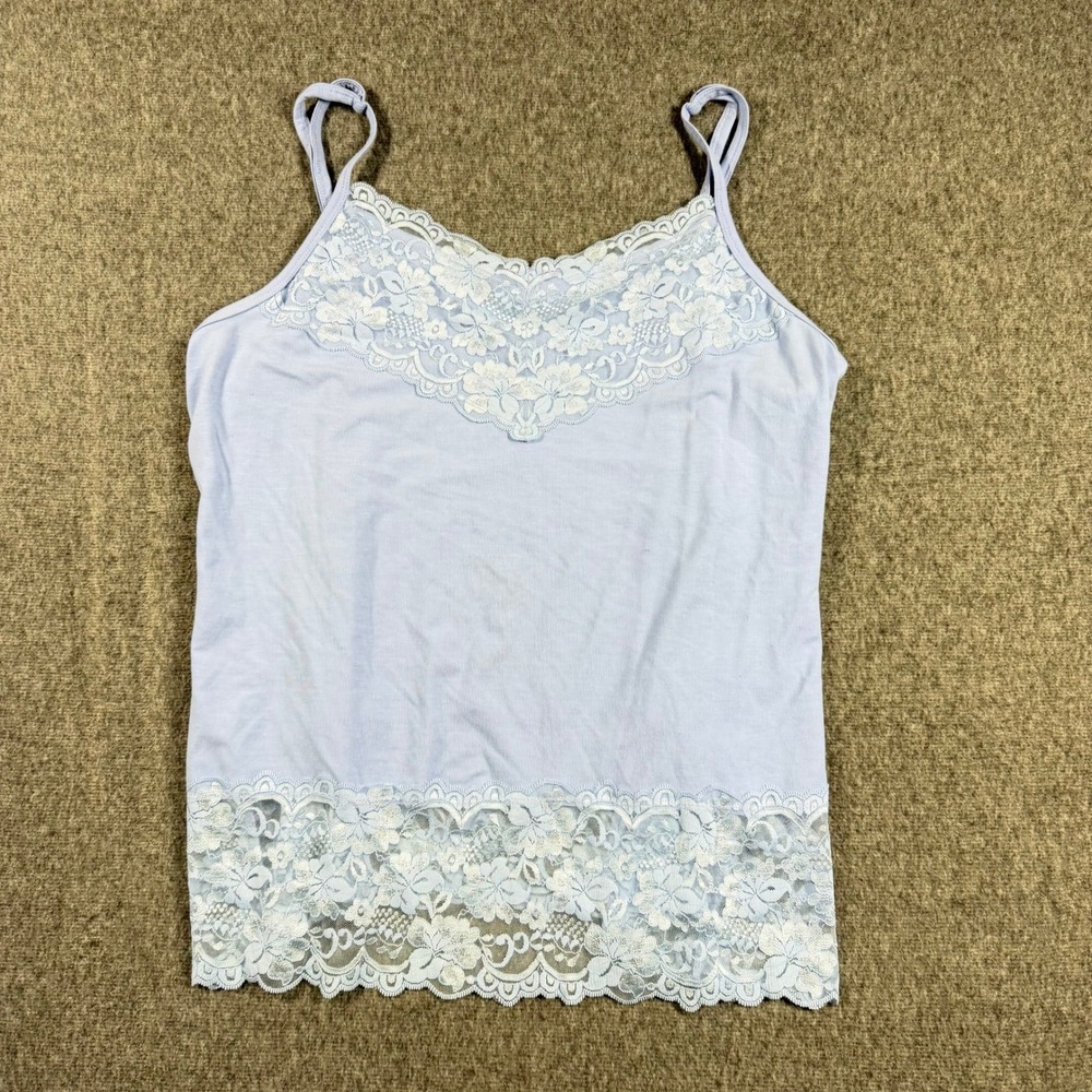 Light Blue Lace Trim Camisole Adjustable Straps Floral Hem Tank Top